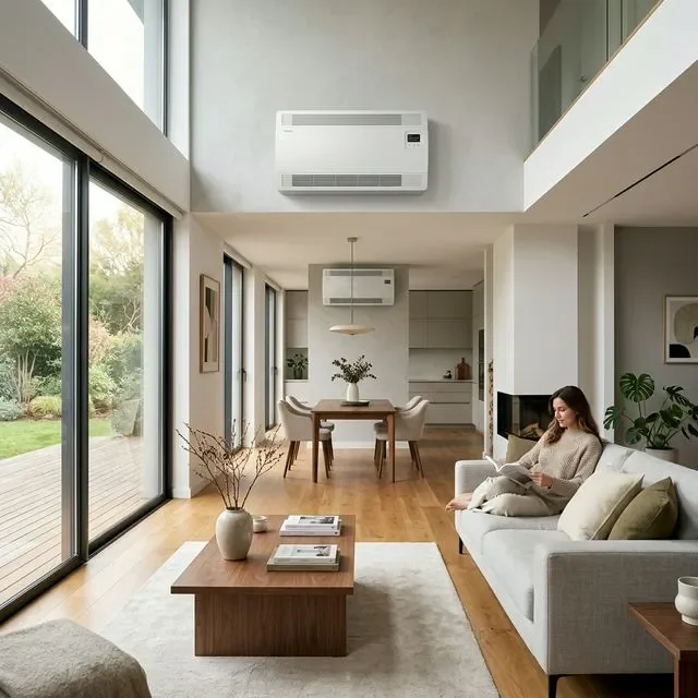 Fan coil de pared instalado en salón moderno conectado a aerotermia