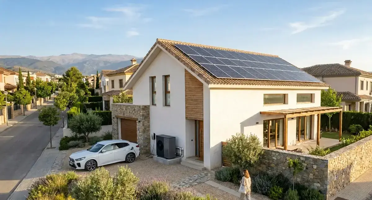 Casa con placas solares fotovoltaicas y aerotermia funcionando juntas para máxima eficiencia