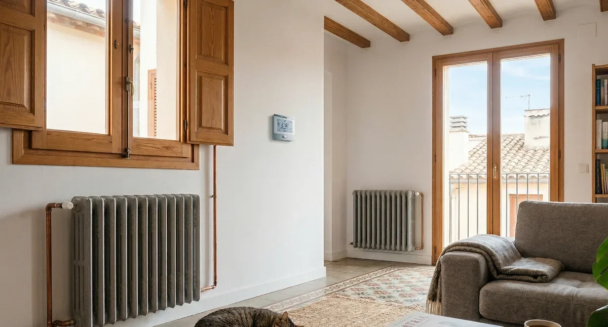 Sistema de aerotermia conectado a radiadores de baja temperatura en salón moderno