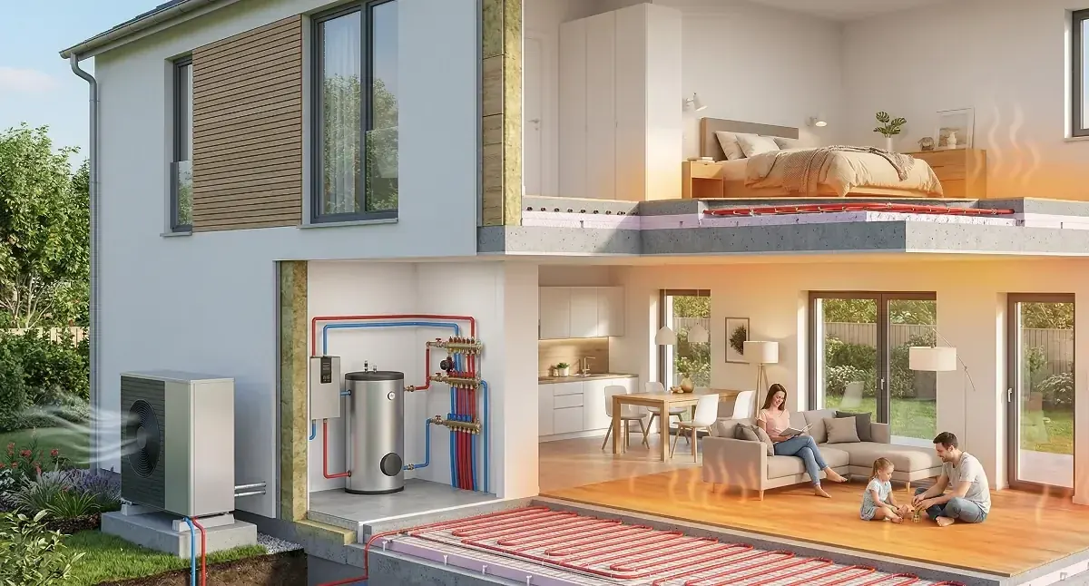 Sistema de aerotermia con suelo radiante instalado en vivienda