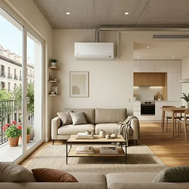 Sistema de aerotermia instalado en un piso de bloque residencial