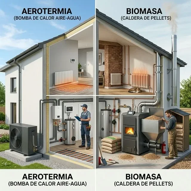 Comparativa aerotermia vs caldera de biomasa: costes, emisiones y mantenimiento