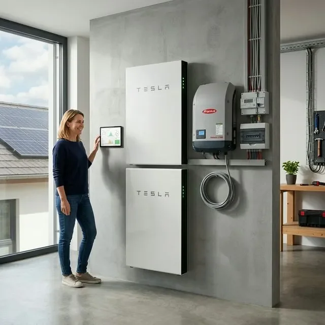 Batería solar doméstica instalada junto a inversores para almacenamiento de energía