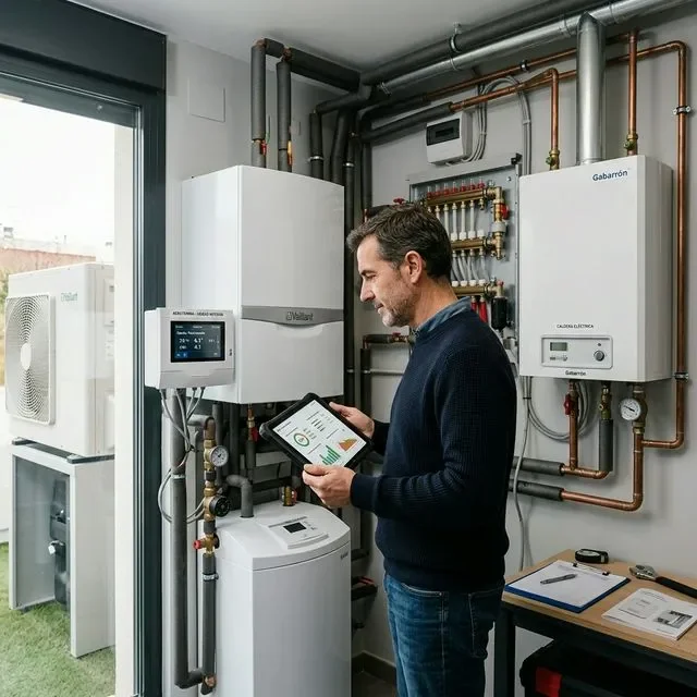 Caldera eléctrica instalada en cuarto técnico de vivienda