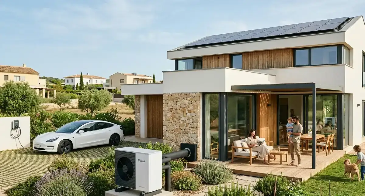 Casa unifamiliar con sistema de aerotermia completo: unidad exterior y climatización interior