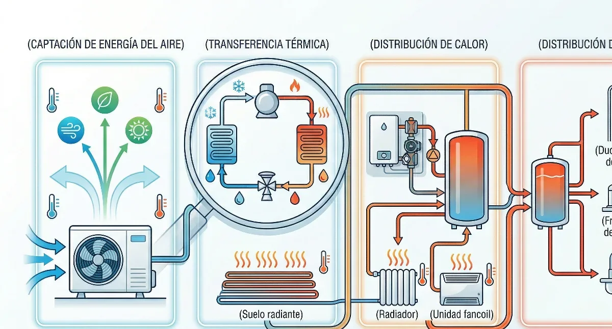 Ilustración del ciclo termodinámico de la aerotermia: extracción de calor del aire y distribución