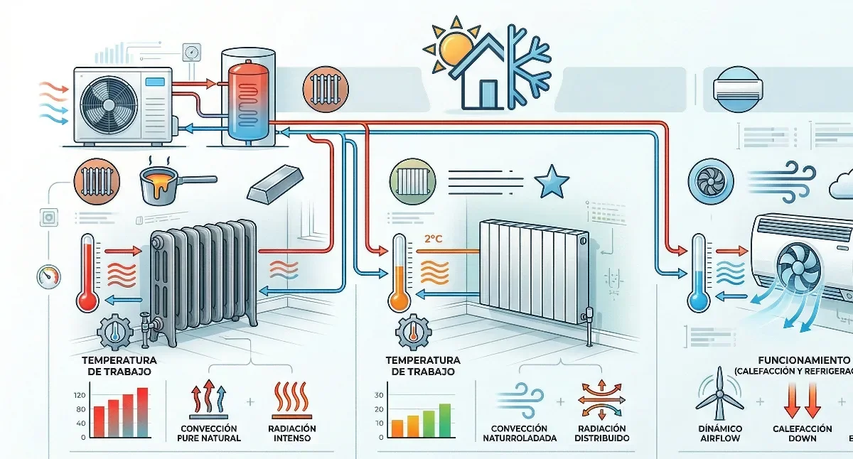 Comparativa visual entre radiadores convencionales, aerotermia y fan coils