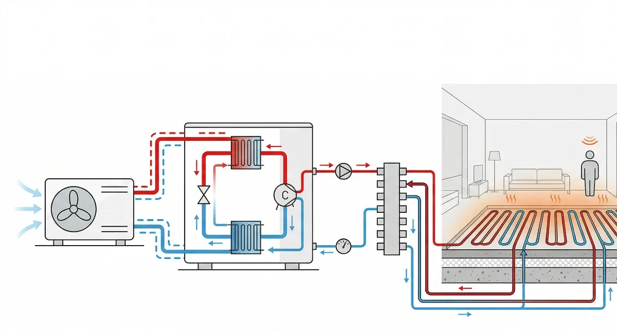 Diagrama técnico del circuito de aerotermia con suelo radiante en planta de vivienda