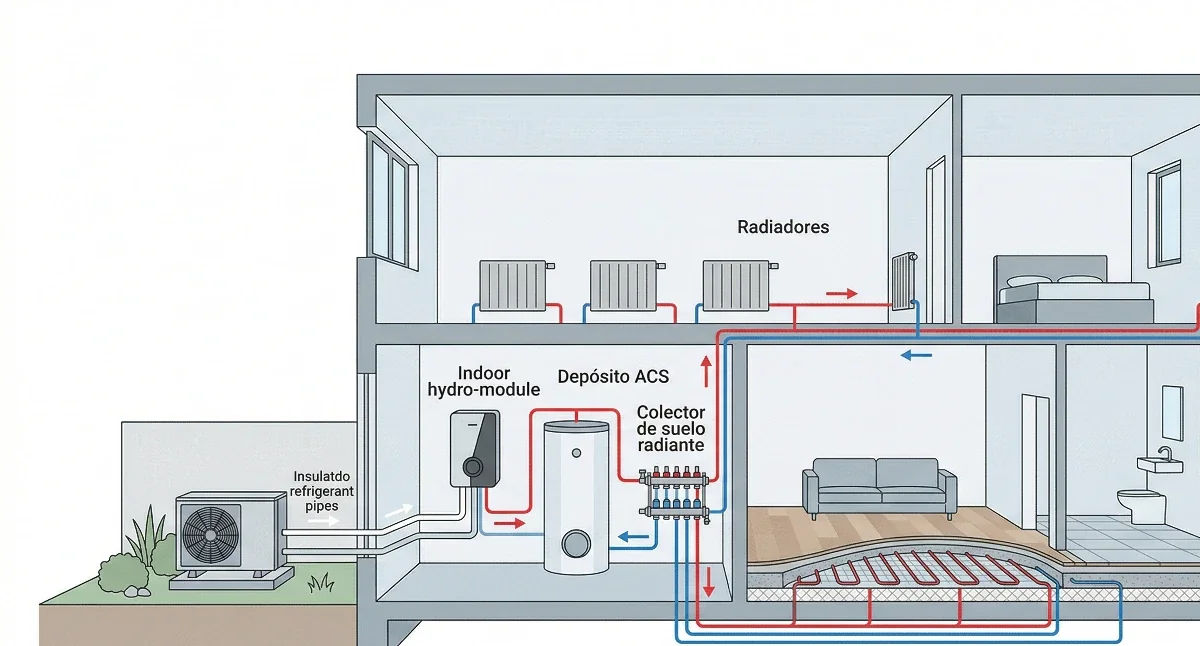 Diagrama de instalación completa de aerotermia en vivienda unifamiliar