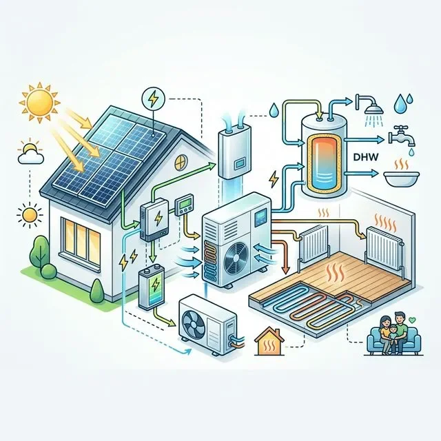 Diagrama de instalación combinada de placas solares fotovoltaicas y aerotermia