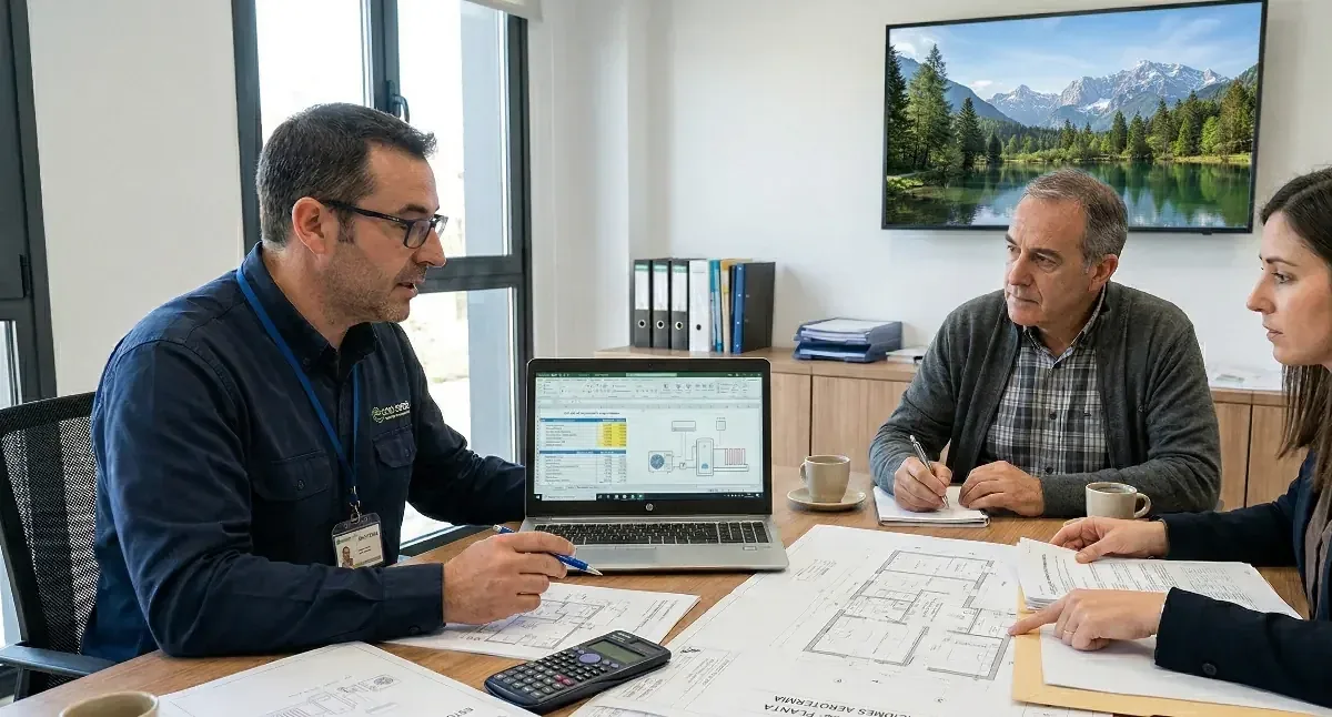 Técnico presentando el estudio y presupuesto de aerotermia a propietarios