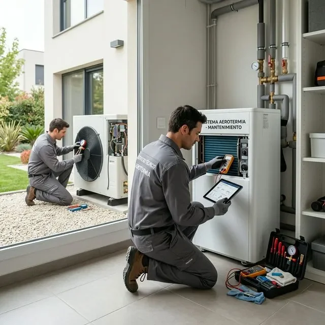 Técnico realizando el mantenimiento anual de una aerotermia
