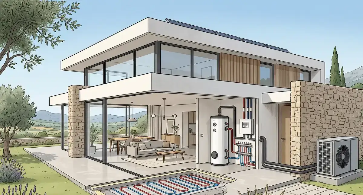 Instalador profesional revisando un presupuesto de aerotermia con cliente en vivienda unifamiliar