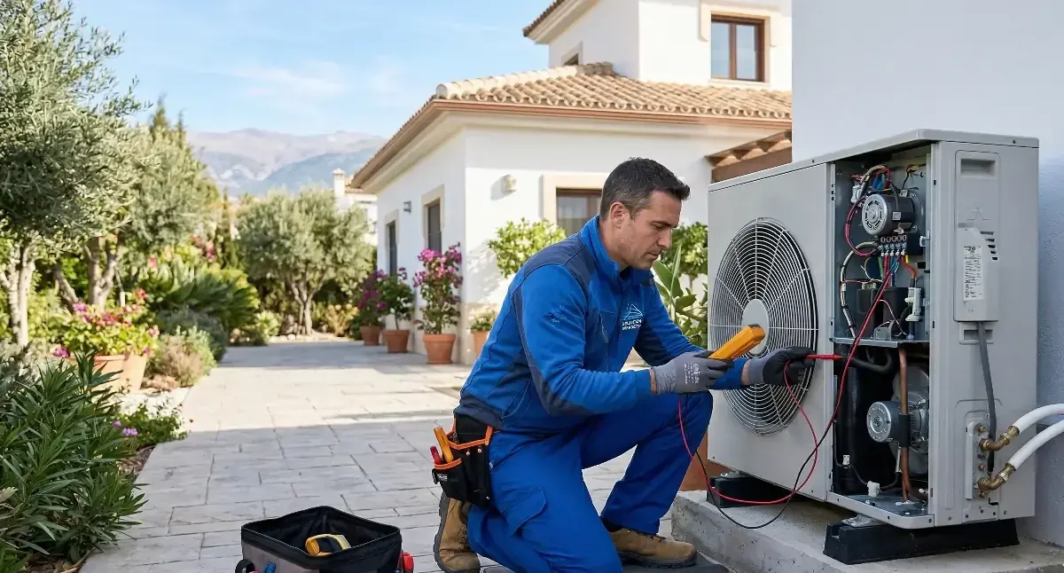 Técnico revisando problemas comunes en instalación de aerotermia