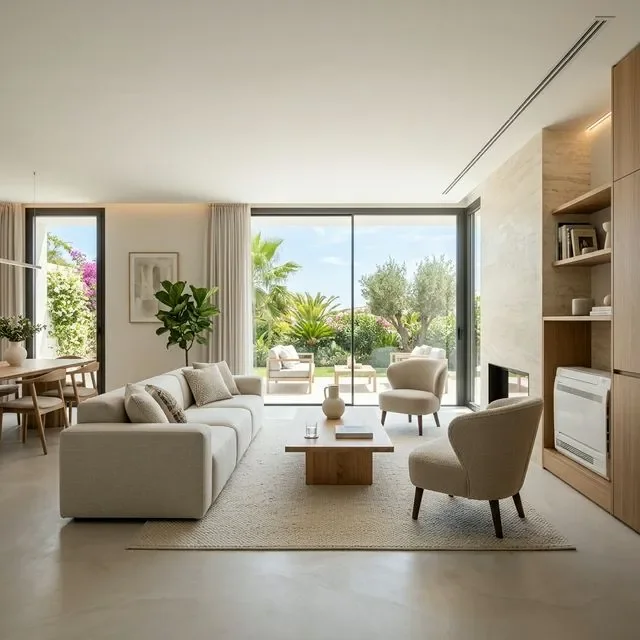 Salón fresco en verano con suelo radiante refrescante y aerotermia