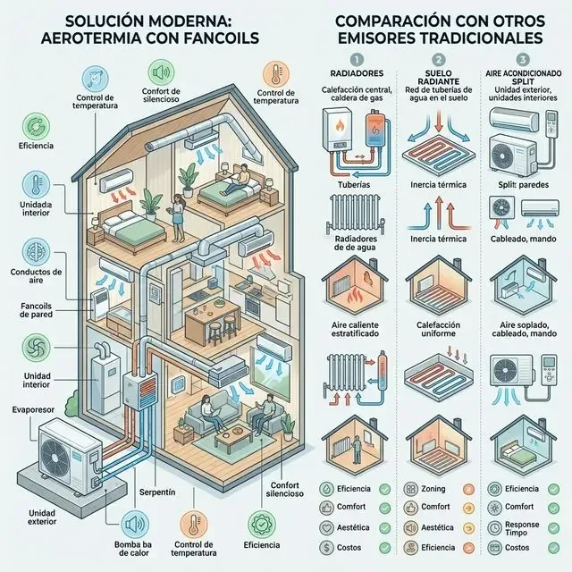 Tipos de fan coil: pared, cassette y suelo, para usar con aerotermia