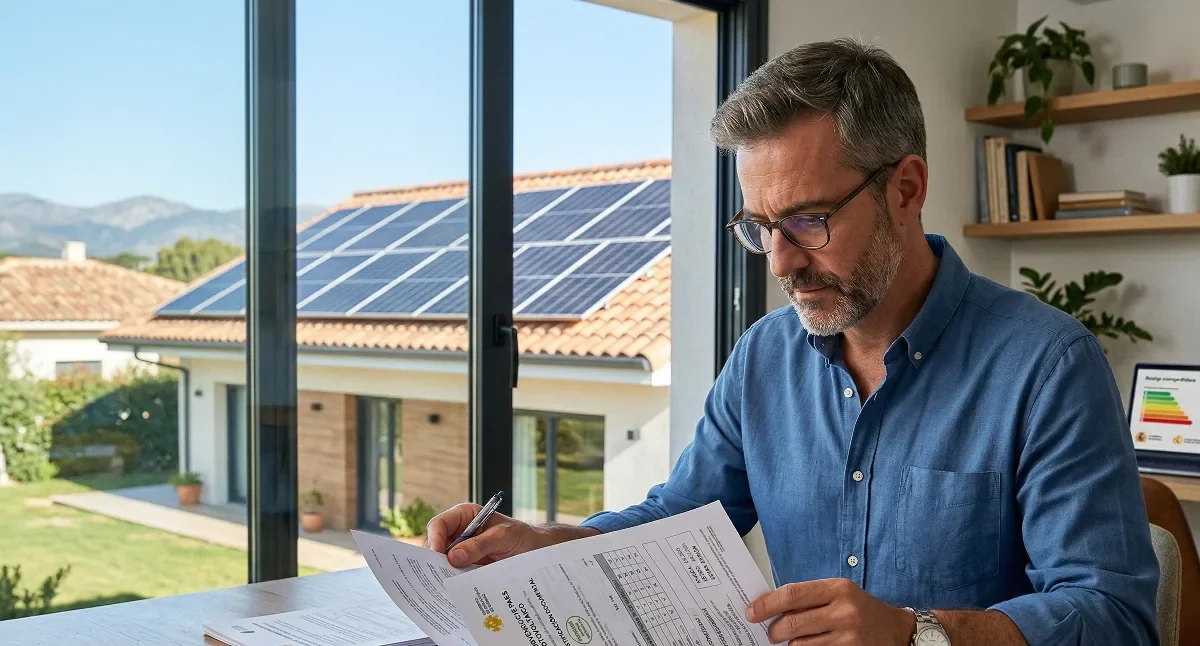 Persona tramitando las ayudas y subvenciones para placas solares en administración