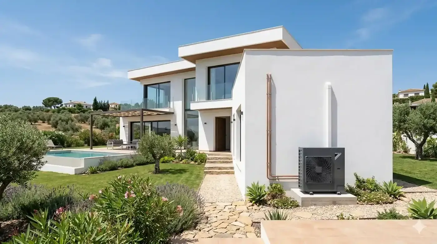 Unidad exterior de aerotermia instalada en casa moderna