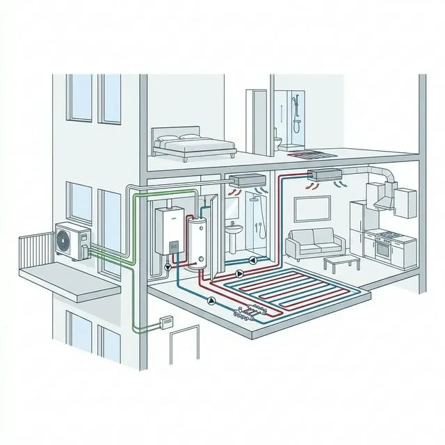 Unidad exterior de aerotermia instalada en bloque de pisos